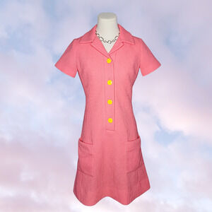 Vtg 60s Mod Retro Barbie Button Up Pink Yellow Pocket Midi Dress Collared Sz M